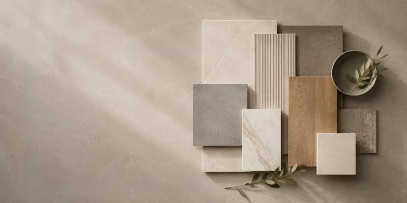 Curated selection of premium tile samples including marble, wood effect and stone