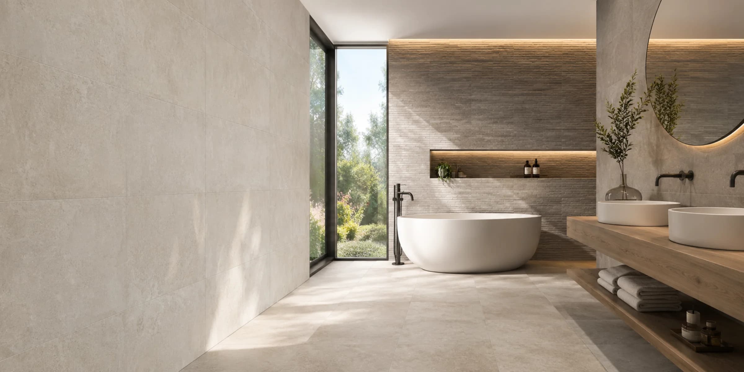 Luxury bathroom with stone-effect wall and floor tiles, freestanding bath and natural light